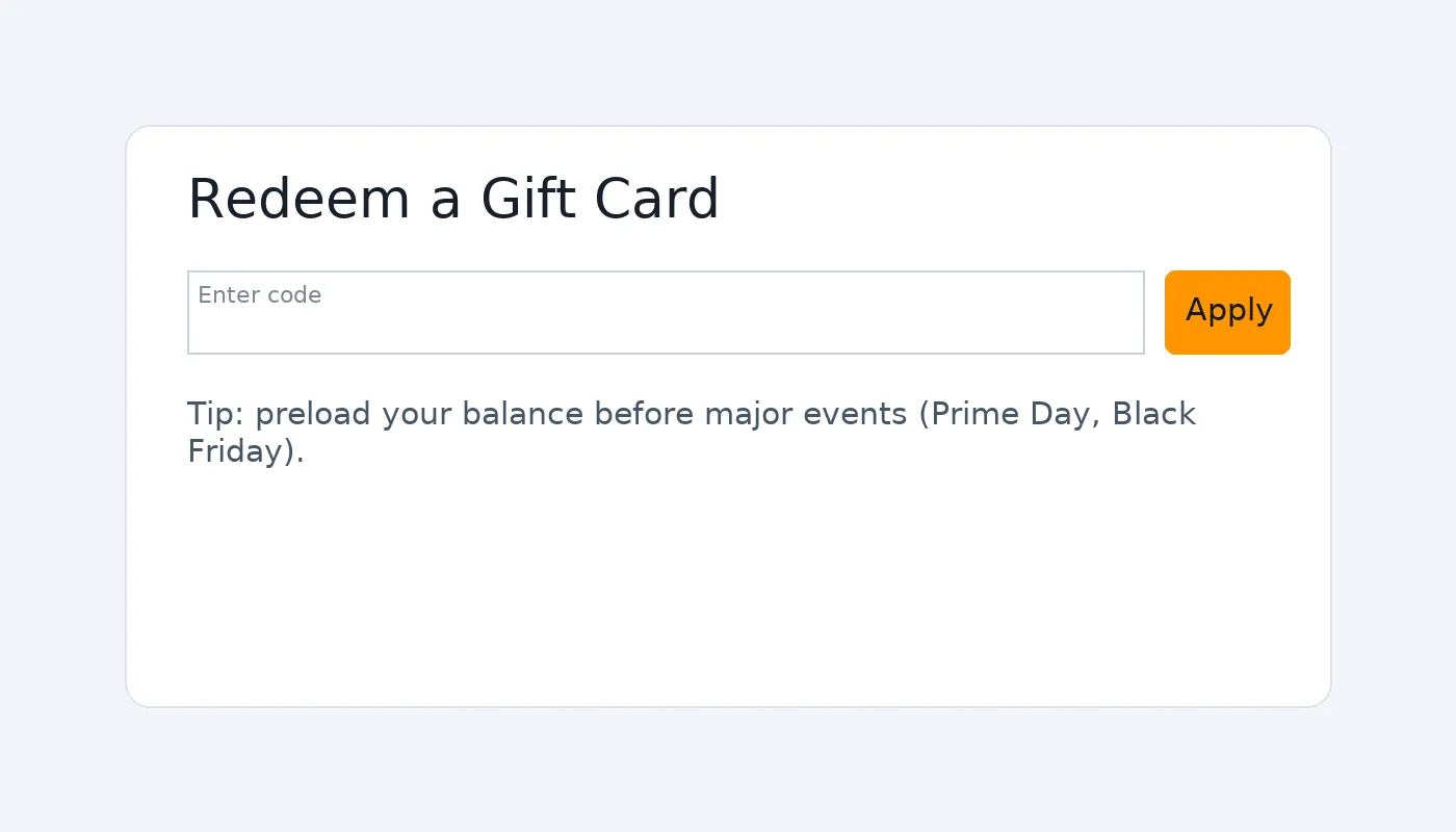 Schritte zum Einlösen erläutert: Konto → Geschenkkarten → Einlösen → Bestätigen des Guthabens