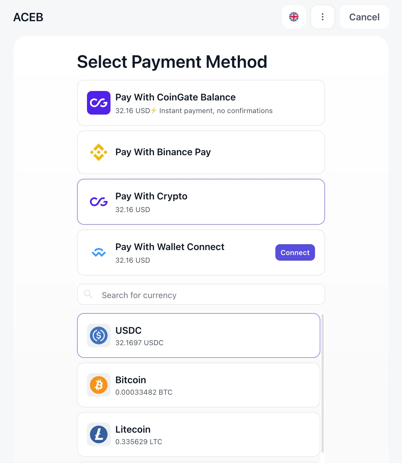 ACEB.com crypto checkout screenshot for buying a digital gift card