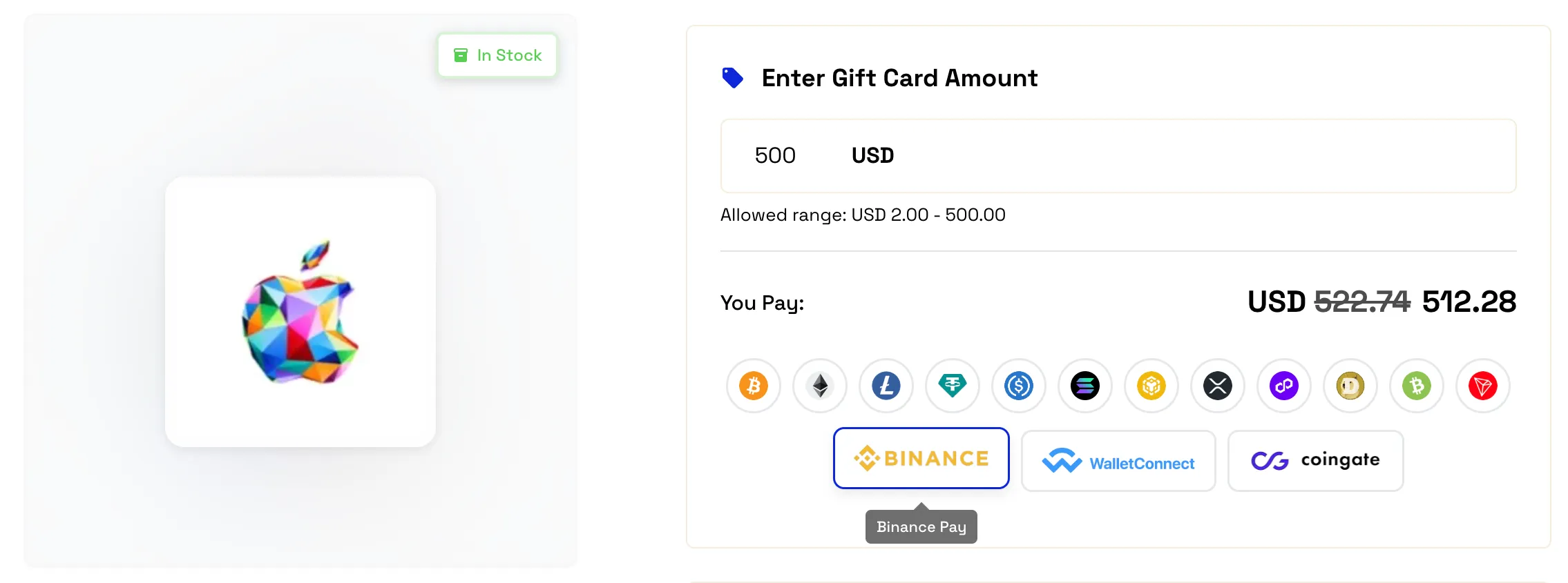 ACEB.com gift card page with Binance Pay payment option