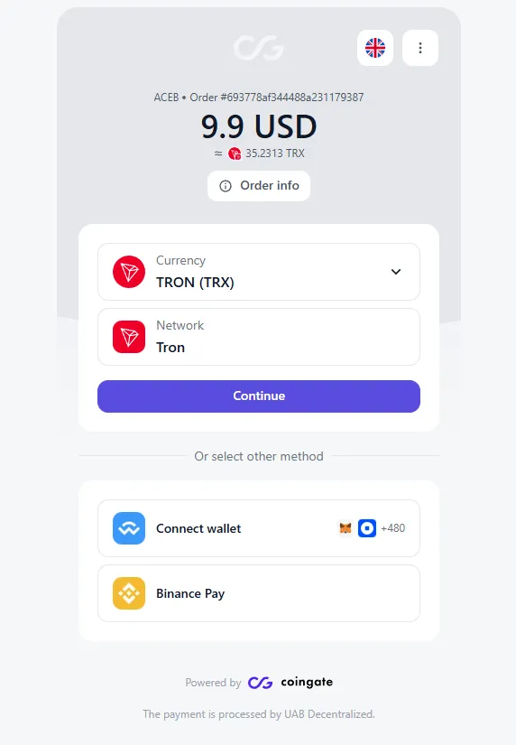 CoinGate payment screen for Tron TRX when purchasing on ACEB.com