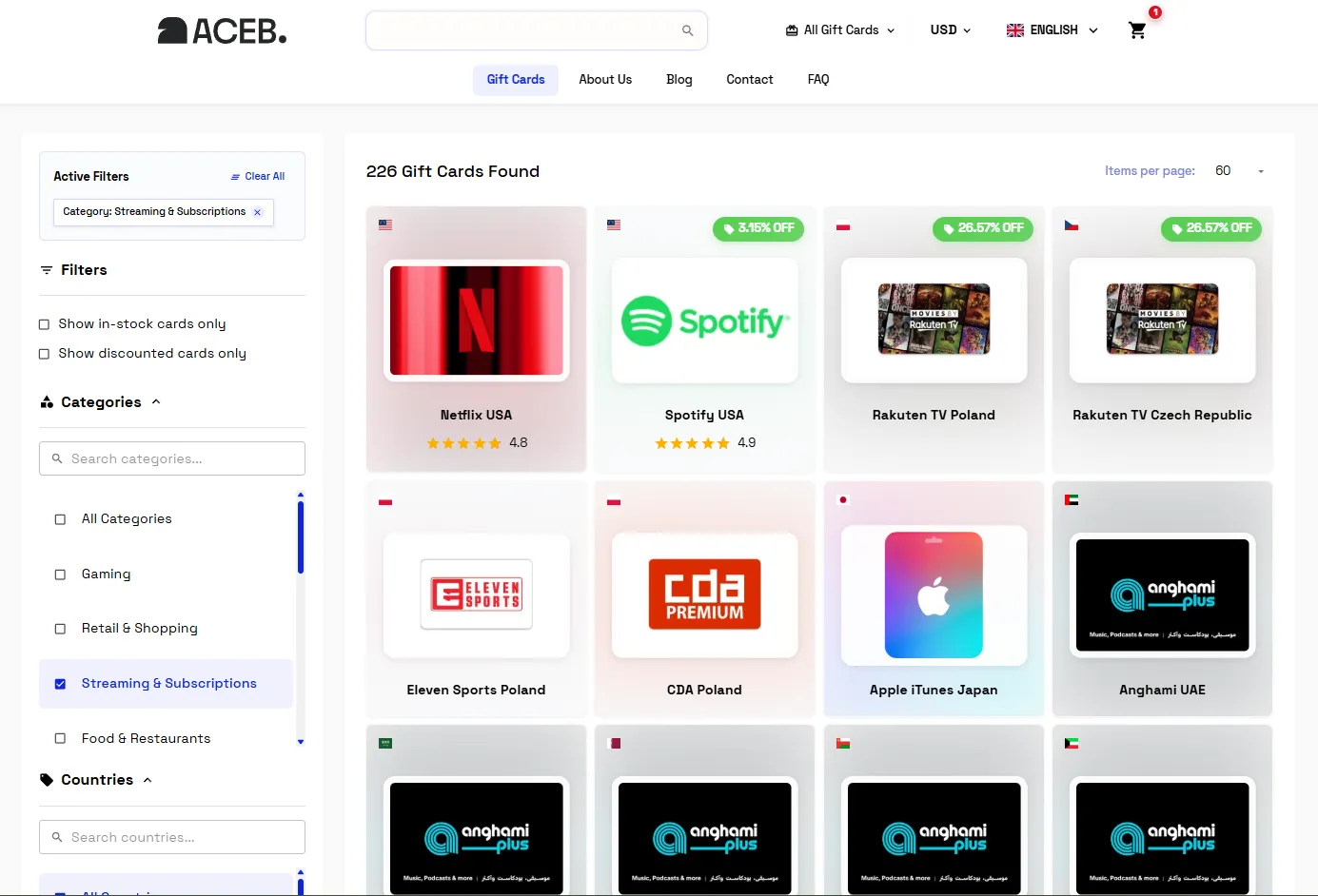 ACEB.com digital gift card categories interface