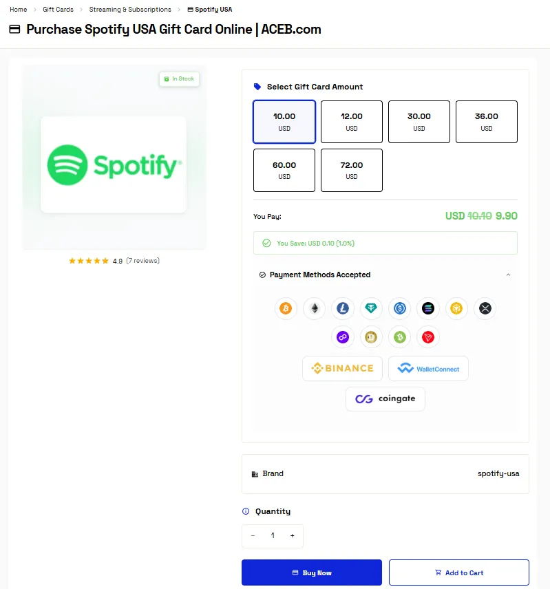 ACEB.com product page showing digital gift card amounts and crypto payment options