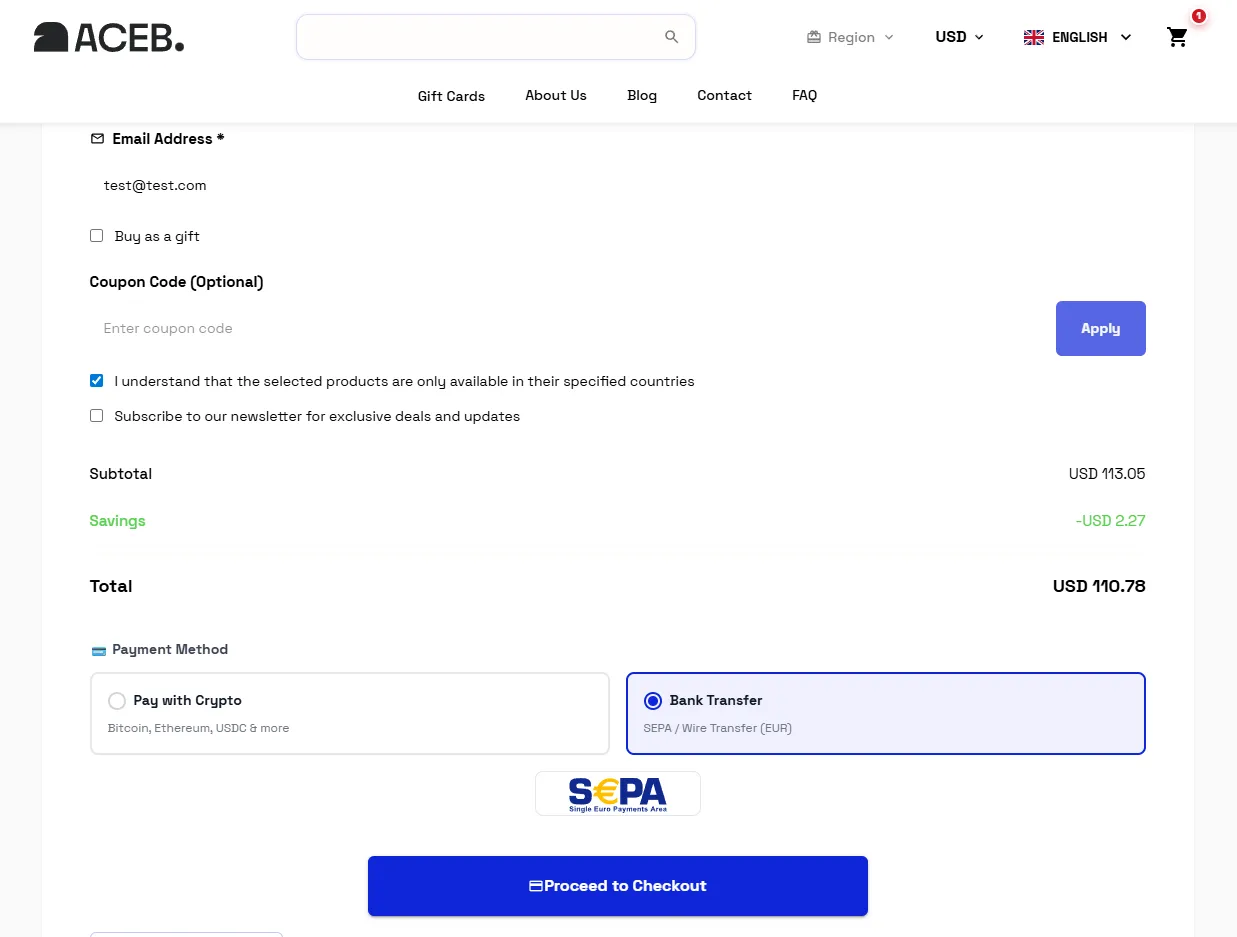 ACEB checkout showing payment choice between crypto and SEPA bank transfer